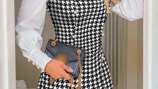Womens Dresses 2024 Spring Fashion Houndstooth Button Decor Puff Sleeve Ruffle Hem Elegant Turn Down Collar