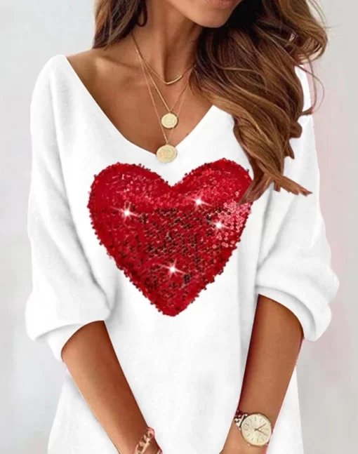 Womens Dresses Spring Fashion Colorblock Heart Pattern Contrast Sequin Casual V Neck Half Sleeve Daily Mini 1