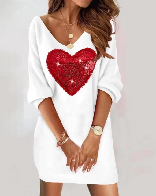 Womens Dresses Spring Fashion Colorblock Heart Pattern Contrast Sequin Casual V Neck Half Sleeve Daily Mini