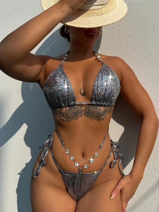 Luxury Rhinestone Bikini: Sequin Silver Push-Up Swimwear