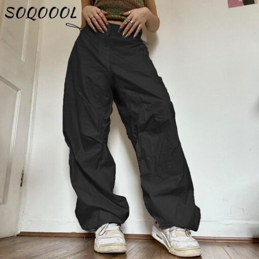 Y2K Cargo Pants Women Low Waist Drawstring Sweatpant Streetwear Vintage Baggy Wide Leg Trousers Oversized Parachute