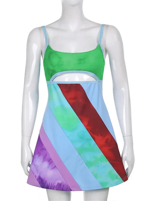 Y2K women Suspender A line Dress Summer Sleeveless Contrast Color U neck Cutout Short Bodycon Dress 1