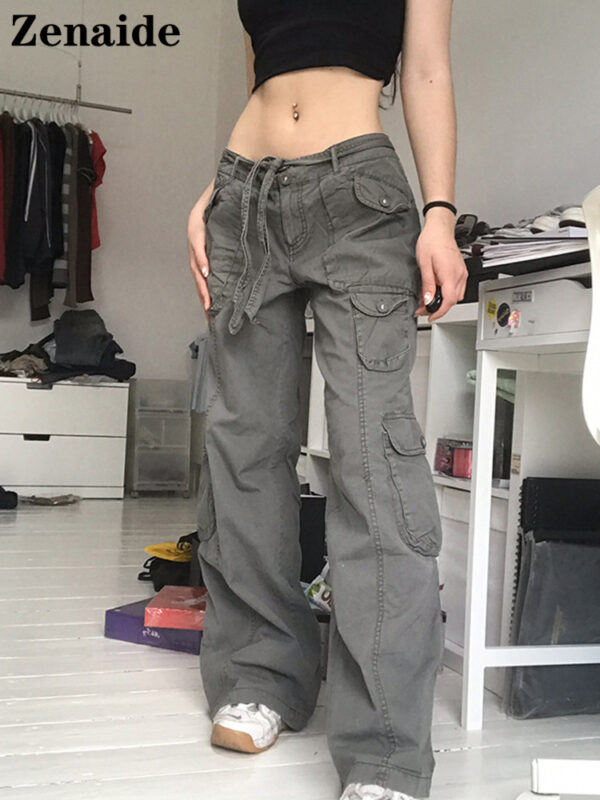 Zenaide Goth Cargo Pants Y2K Women Oversized Grunge Boyfriend Grey Low Waist Loose Pockets Baggy Jeans