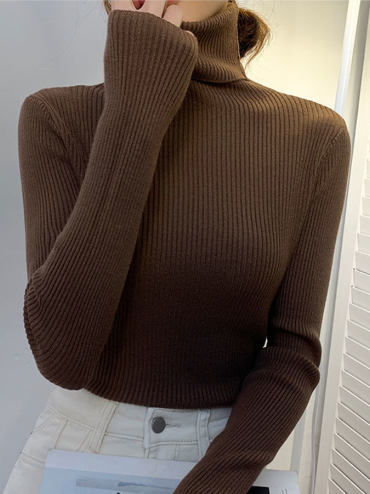 Zoki New 2022 Women Pullover Turtleneck Sweater Autumn Long Sleeve Slim Elastic Korean Simple Basic Cheap 1
