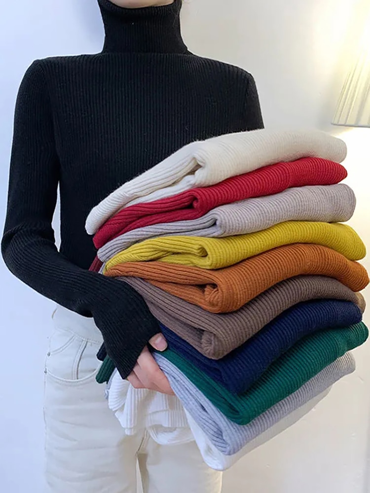 Zoki New 2022 Women Pullover Turtleneck Sweater Autumn Long Sleeve Slim Elastic Korean Simple Basic Cheap