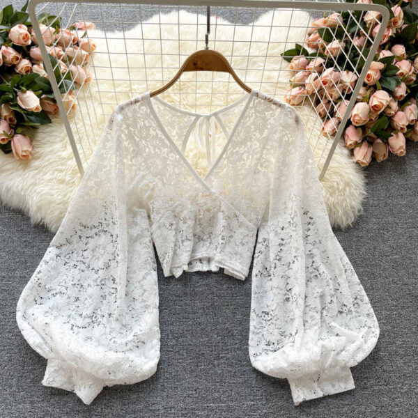 Autumn Black White Brown Sexy Lace Blouse Women Elegant V Neck Puff Long Sleeve Open Back 1