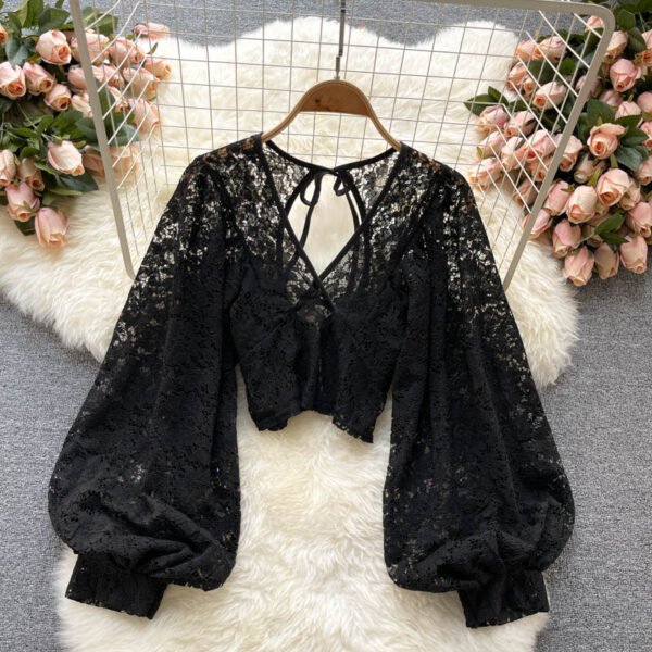 Autumn Black White Brown Sexy Lace Blouse Women Elegant V Neck Puff Long Sleeve Open Back 2