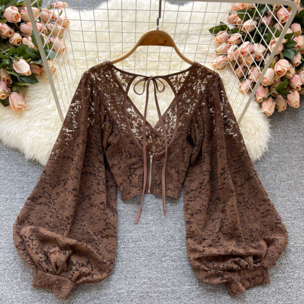 Autumn Black White Brown Sexy Lace Blouse Women Elegant V Neck Puff Long Sleeve Open Back 3