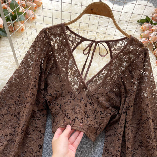 Autumn Black White Brown Sexy Lace Blouse Women Elegant V Neck Puff Long Sleeve Open Back 4