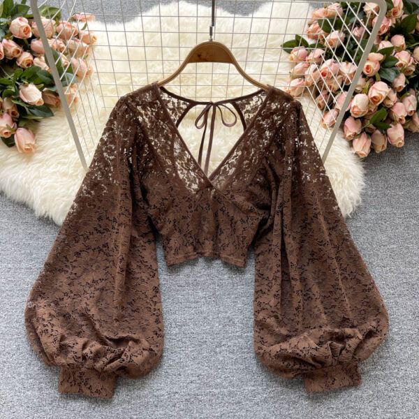 Autumn Black White Brown Sexy Lace Blouse Women Elegant V Neck Puff Long Sleeve Open Back