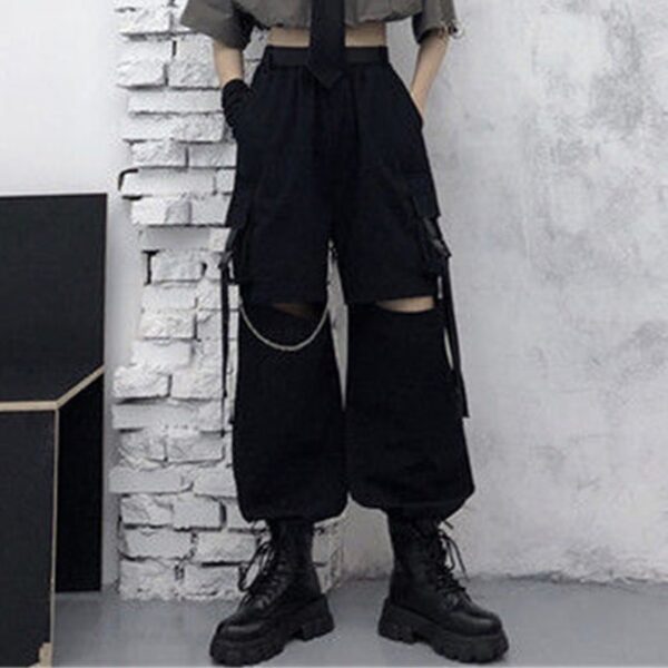 Autumn Fashion Cargo Pants Women Gothic Punk Black Wide Leg Lady Hot Pants Korean Fashion Street 3