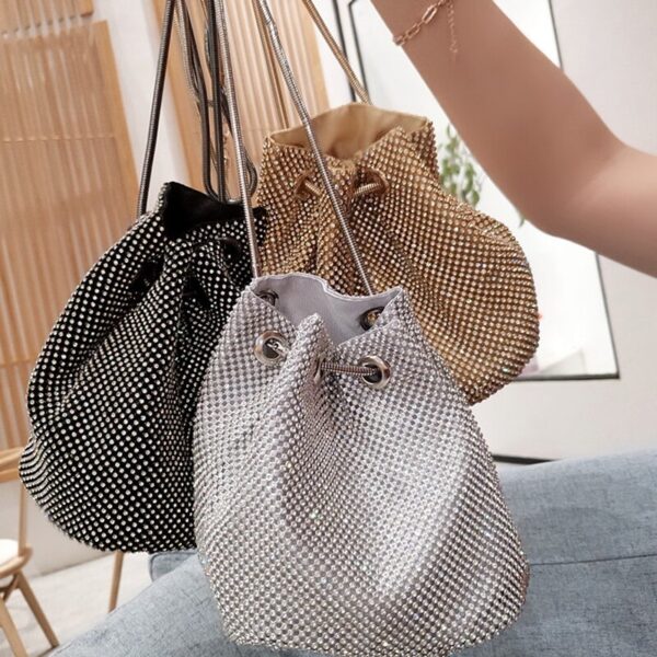 Bucket Women Fashion Evening Bags Diamonds Rainbow Soft Day Clutch Shoulder Snake Chain Rhinestones Party Handbags 2