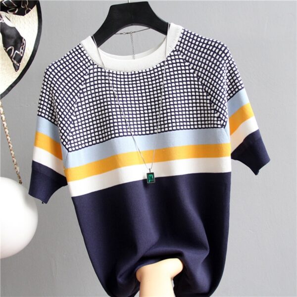 Camisetas Mujer 2021 Thin Knitted T Shirt Women Short Sleeve Summer Tops Woman Clothes Striped Fashion 4