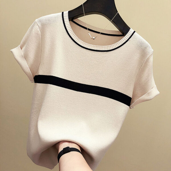 Camisetas Mujer 2021 Thin Knitted T Shirt Women Short Sleeve Summer Tops Woman Clothes Striped Fashion 5