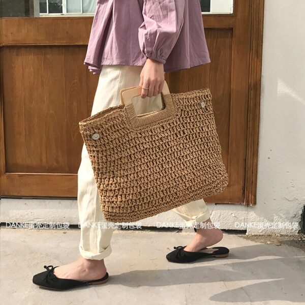 casual rattan large capacity tote for women wicker woven wooden handbags summer beach straw bag lady 1