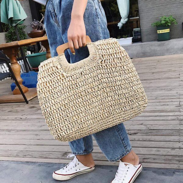 casual rattan large capacity tote for women wicker woven wooden handbags summer beach straw bag lady 2