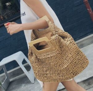 casual rattan large capacity tote for women wicker woven wooden handbags summer beach straw bag lady
