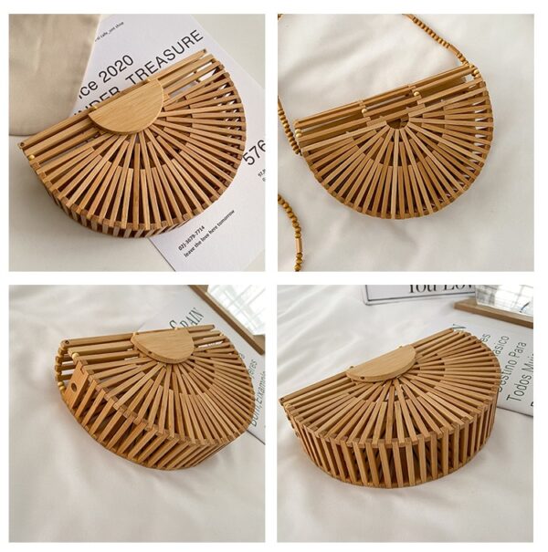 Fashion Half Moon Wooden Shoulder Crossbody Bags for Women Bamboo Woven Summer Beach Straw Bag Rattan 4