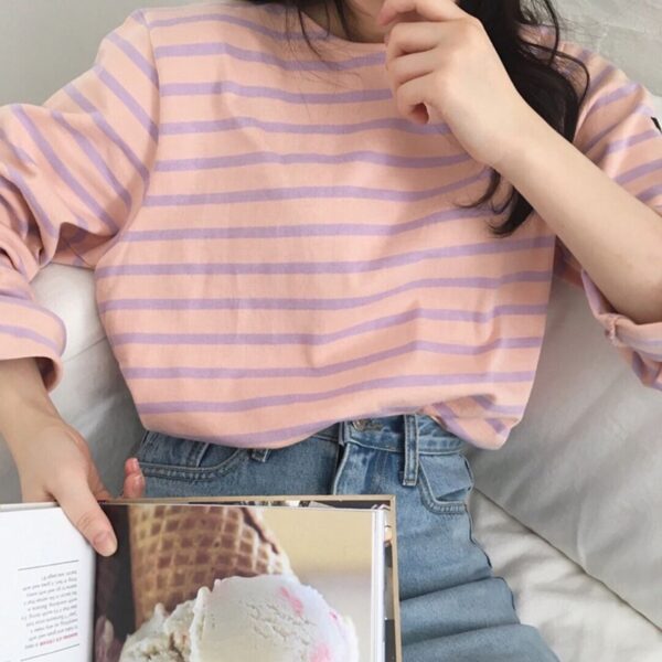 Harteen Loose Cotton Striped Tshirt Women Autumn New Long Sleeve O neck Korean All match Basic 5