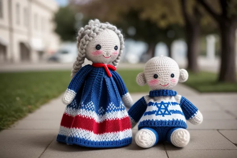 Knitted Doll Wearing Israeli Flag Colors with Star of David