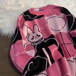 Japanese Vintage Cartoon Knit Harajuku Sweater Women Autumn New O Neck Long Sleeve Pullovers Preppy Style