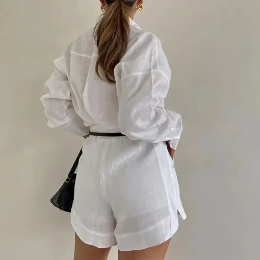 kf A11b691d3865a4181914a26c824bae599U Women Summer Shorts Sets Long Sleeve Blouses with Short Pants 2 Pieces Set Lightweight Shirts Tracksuit