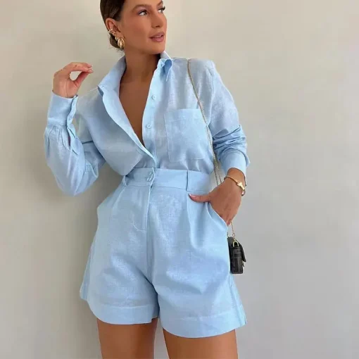 kf Aed159d50bc1a462fa66fecfc17b33c59l Women Summer Shorts Sets Long Sleeve Blouses with Short Pants 2 Pieces Set Lightweight Shirts Tracksuit