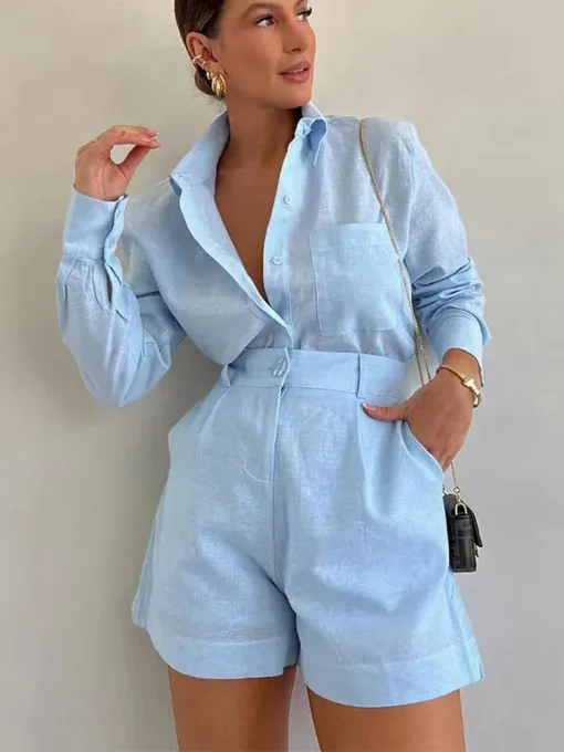 kf Af6604a00adf340b09686984da6f032ebg Women Summer Shorts Sets Long Sleeve Blouses with Short Pants 2 Pieces Set Lightweight Shirts Tracksuit