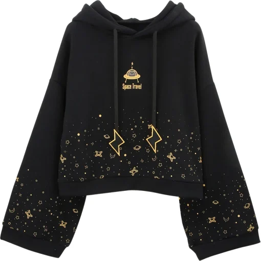 kf H099a8eda4e3d4c6fbc6ada4f5cd8d5f2P Autumn Women Kawaii Short Hoodie Harajuku Flare Long Sleeve Starry Sky Print Lightning Embroidery Drawstring Hooded