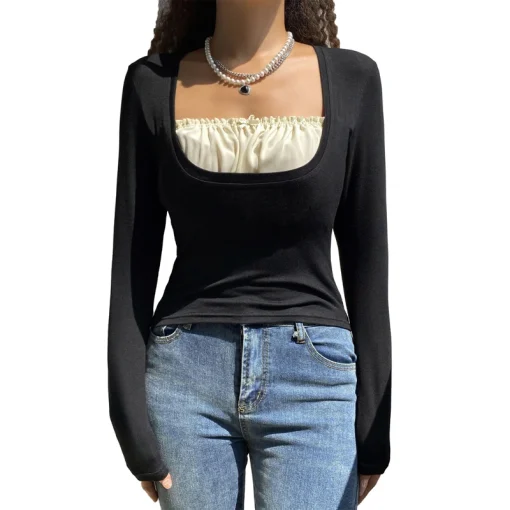 kf H0c713a78345b4083b02563e1db1ef5c7u Women Shirt Fake 2 Piece Long Sleeve Square Neck Slimming Casual Party Fall Tops Black Shirts