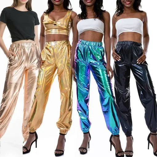 Women's Ladies Metallic Shiny Jogger Pants High Waist Holographic - Image 4