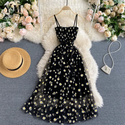 YuooMuoo Korean Fashion Daisy Flower Print Mesh Party Dress – Summer Spaghetti Strap Vacation Midi Dress - Image 2