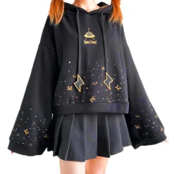 kf H193b5421d2fb40339f3d03bb25052455K Autumn Women Kawaii Short Hoodie Harajuku Flare Long Sleeve Starry Sky Print Lightning Embroidery Drawstring Hooded