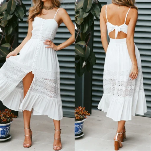 kf H1970888c99a244d6b85cdc6d54a0df08C Womens Holiday Strappy Button Lace Ladies Summer Beach Midi Swing Sun Dress