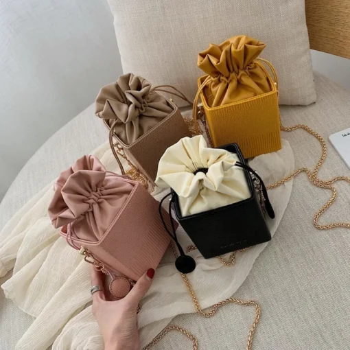 kf H22396fa5519d4b8181d93fbb950bca26v Drawstring Bucket Women Purses Bags Small Flap Ladies Handbags Box Shape Crossbody Bags for Women Casual