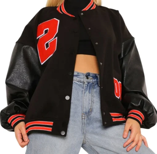 Women Oversized Baseball Jackets Fashion Leather Long Sleeve Letter - Image 2