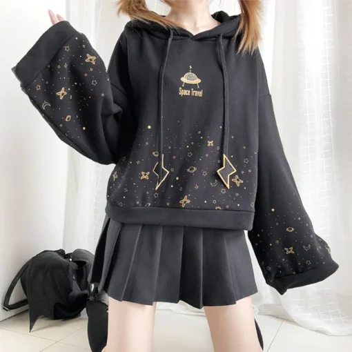 kf H2fc5973b1c7b4c13bd4e6751fde34b12Y Autumn Women Kawaii Short Hoodie Harajuku Flare Long Sleeve Starry Sky Print Lightning Embroidery Drawstring Hooded