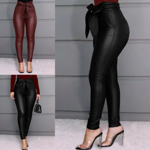 kf H30a30636ac614046b5345b59a48f719cQ Women s Leggings PU Leather Pants Stretchy Skinny Pencil Trousers High Waisted