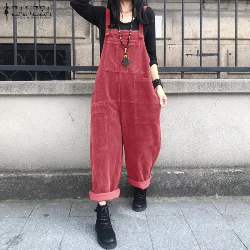 kf H3a360b04ae244f4aa1bff3b1cde7760dE Vintage Corduroy Jumpsuits Women s Autumn Pants 2023 ZANZEA Casual Suspender Wide Leg Playsuits Rompers Trousers