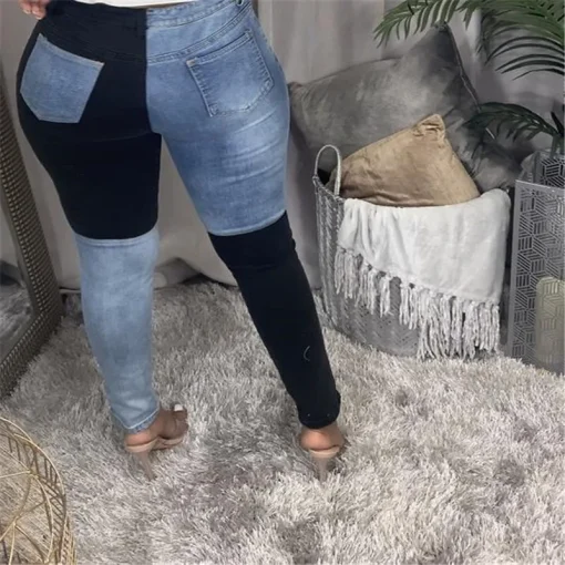 Women's High-Waist Ripped Jeans – Black & Blue Contrast 2021 - Image 2