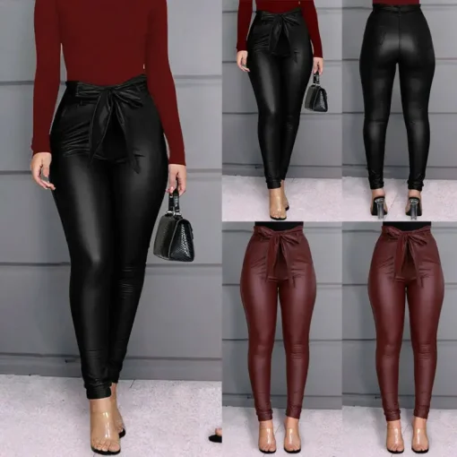 kf H5a34259ddad9455e8b90907b6a668949J Women s Leggings PU Leather Pants Stretchy Skinny Pencil Trousers High Waisted