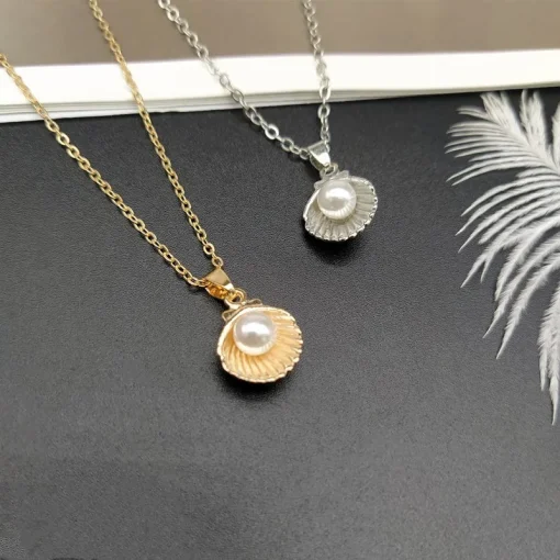 kf H5dc3cfd4ec1042538294a003e01db877h Trendy Summer Shell Imitation Pearl Pendant Necklace For Women Fashion Collar Neck Jewelry Wholesale Dropshipping