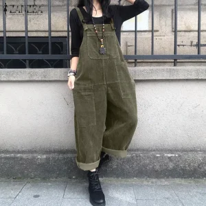 Vintage Corduroy Jumpsuit for Women – Autumn Casual Wide-Leg Suspender Romper