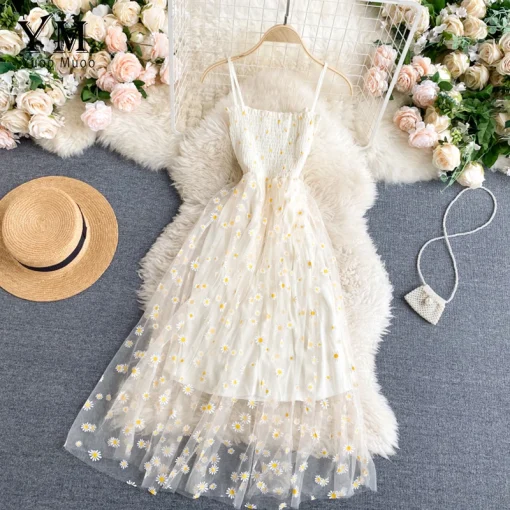 YuooMuoo Korean Fashion Daisy Flower Print Mesh Party Dress – Summer Spaghetti Strap Vacation Midi Dress