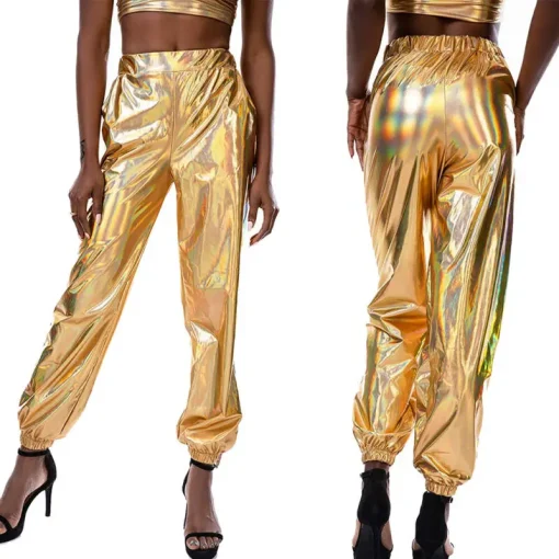 Women's Ladies Metallic Shiny Jogger Pants High Waist Holographic - Image 2