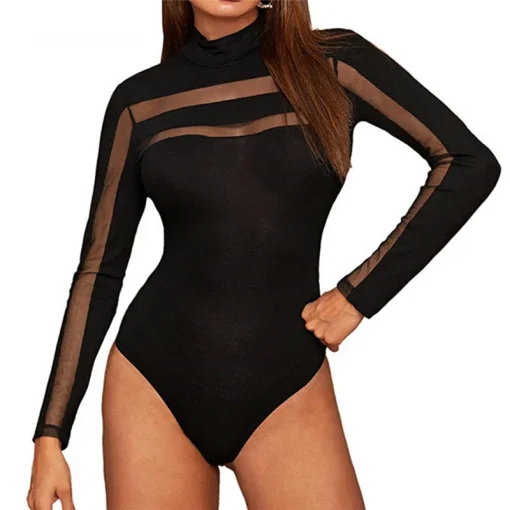 Women’s Summer Mock Neck Mesh Bodysuit – Sheer Long Sleeve Skinny Romper - Image 5