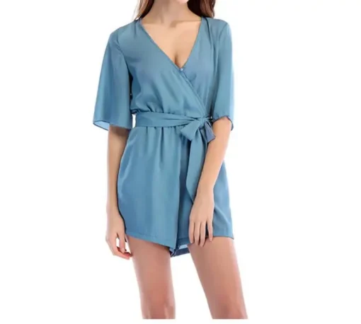 kf HTB16wI XjDuK1RjSszdq6xGLpXaw Chiffon Middle Sleeve Playsuit Sexy V neck loose Belted Jumpsuit 5 Colors new Size Women Romper