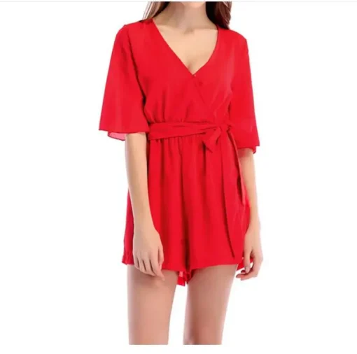 kf HTB1Hfc9XffsK1RjSszbq6AqBXXaP Chiffon Middle Sleeve Playsuit Sexy V neck loose Belted Jumpsuit 5 Colors new Size Women Romper