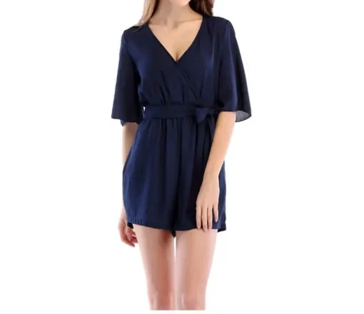 kf HTB1e1o9XnjxK1Rjy0Fnq6yBaFXaH Chiffon Middle Sleeve Playsuit Sexy V neck loose Belted Jumpsuit 5 Colors new Size Women Romper