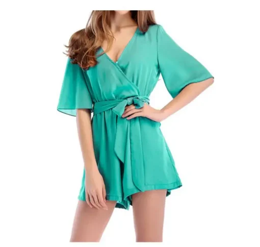 kf HTB1li8JgYvpK1RjSZFqq6AXUVXaH Chiffon Middle Sleeve Playsuit Sexy V neck loose Belted Jumpsuit 5 Colors new Size Women Romper